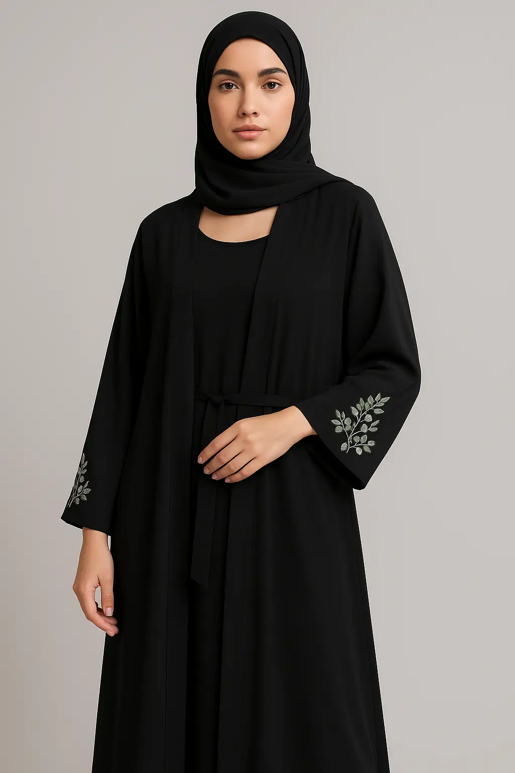 Floral Cuff 3-Piece Abaya Set – Black & White Contrast - Image 2