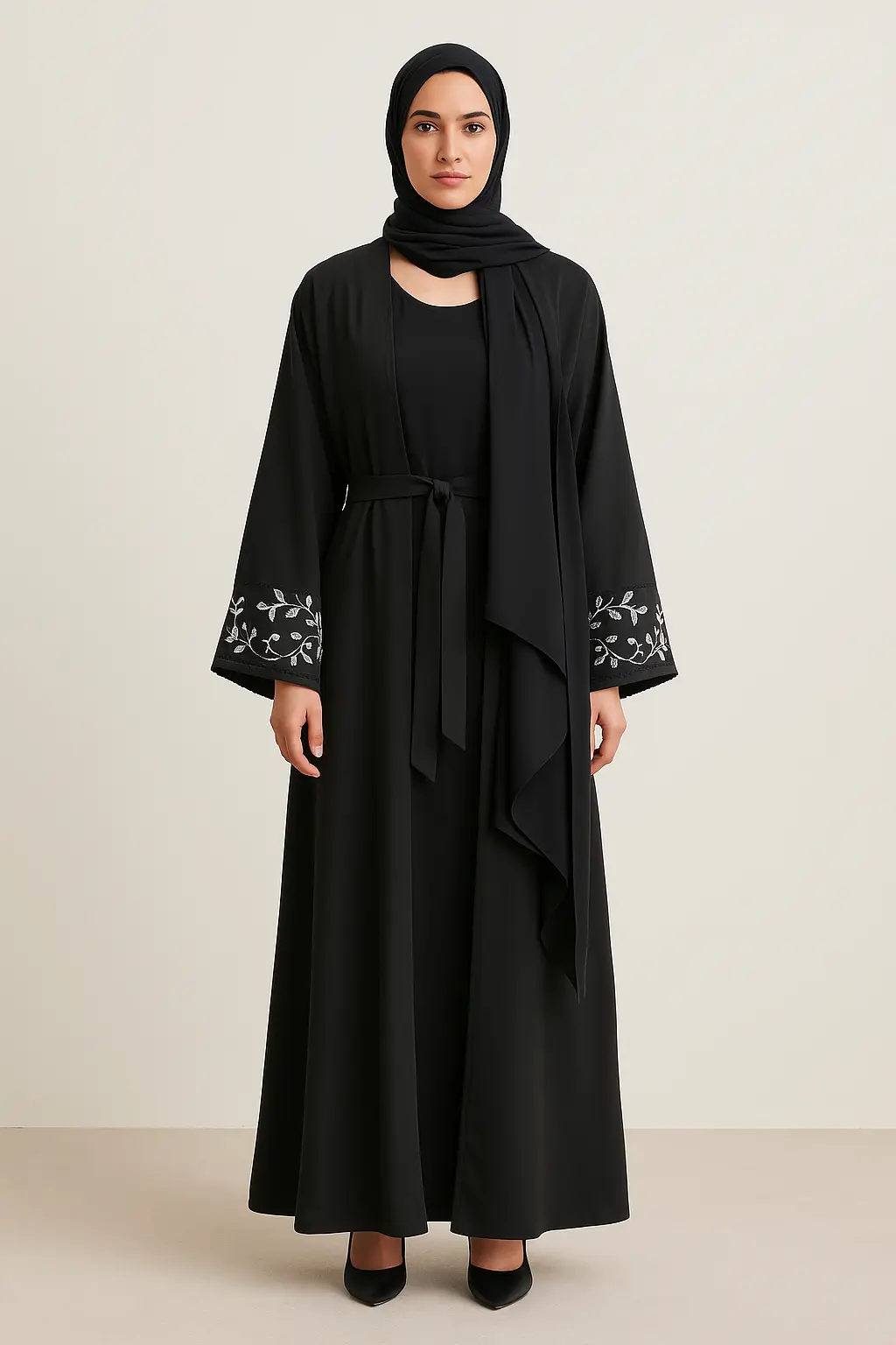 Embroidered Cuff 4-Piece Abaya Set – Deep Olive Green