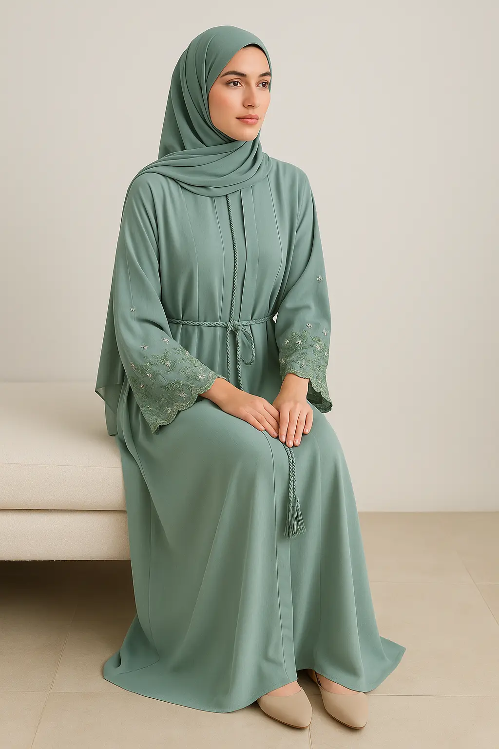 Embroidered Cuff 4-Piece Abaya Set – Sage Green