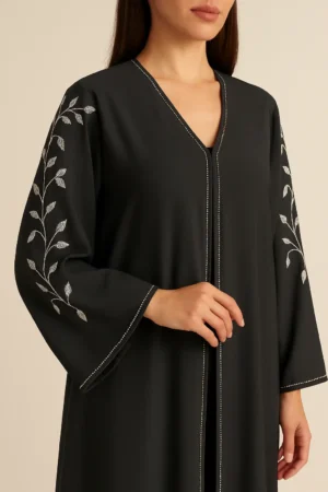 Embroidered Leaf Sleeve Abaya with belt– Charcoal Black
