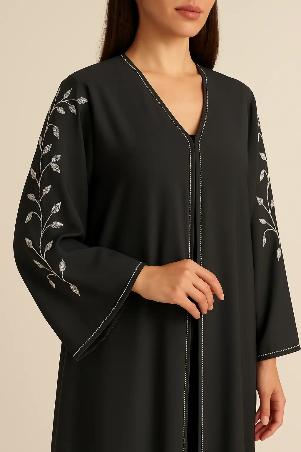 Embroidered Leaf Sleeve Abaya with belt– Charcoal Black - Image 2