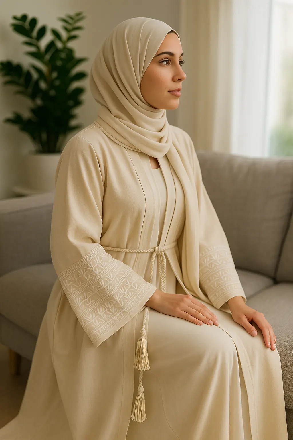 Embroidered Elegance 4-Piece Abaya Set – Soft Cream - Image 3