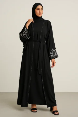 Embroidered Cuff 4-Piece Abaya Set – Deep Olive Green