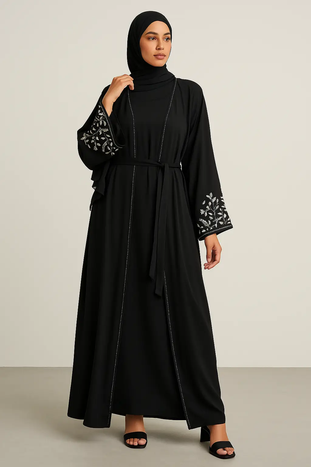 Embroidered Cuff 4-Piece Abaya Set – Deep Olive Green - Image 2