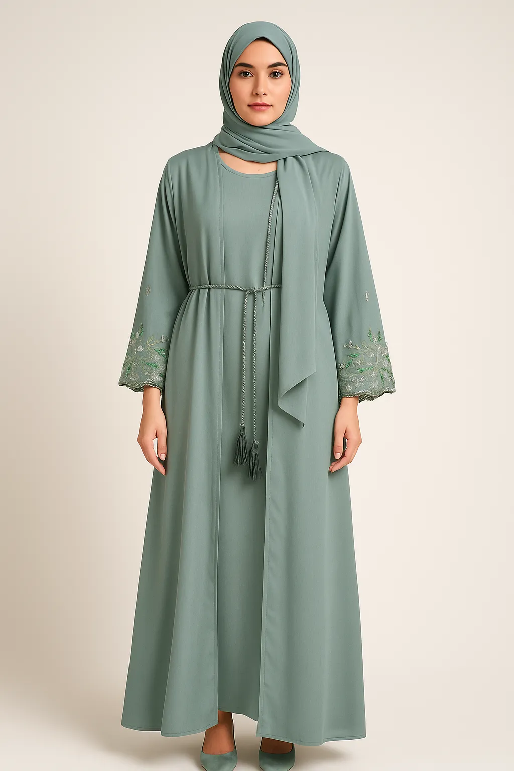 Embroidered Cuff 4-Piece Abaya Set – Sage Green - Image 3