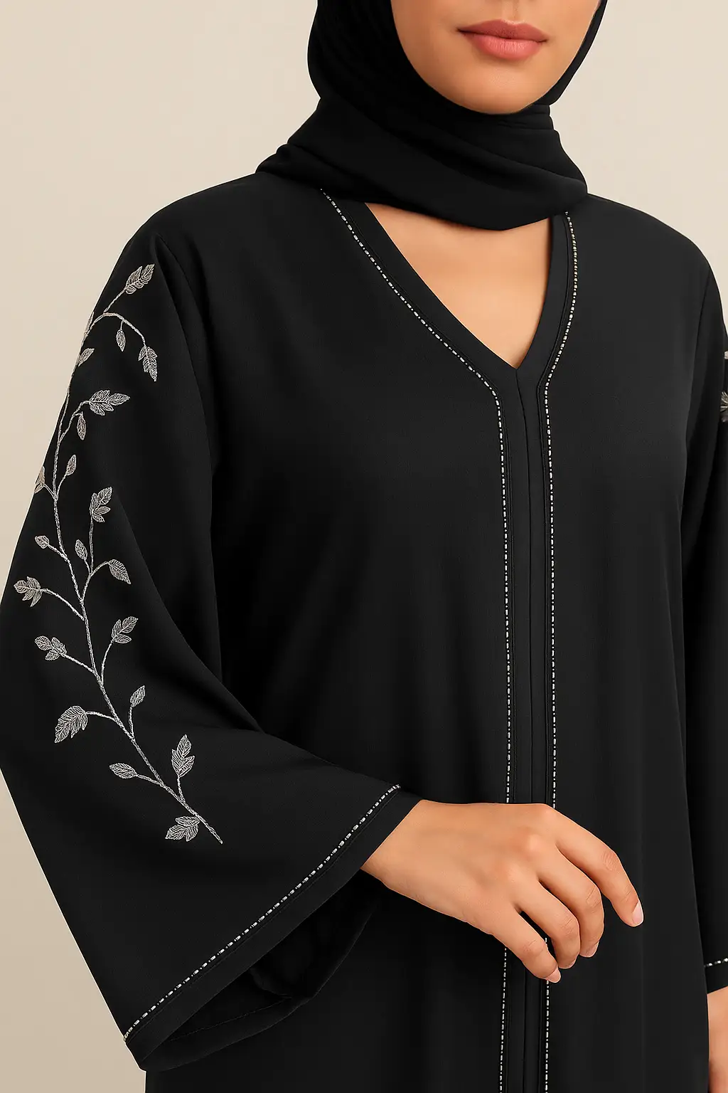 Embroidered Leaf Sleeve Abaya with belt– Charcoal Black - Image 3