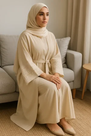 Embroidered Elegance 4-Piece Abaya Set – Soft Cream