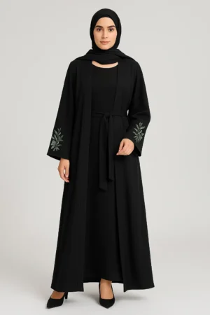 Floral Cuff 3-Piece Abaya Set – Black & White Contrast