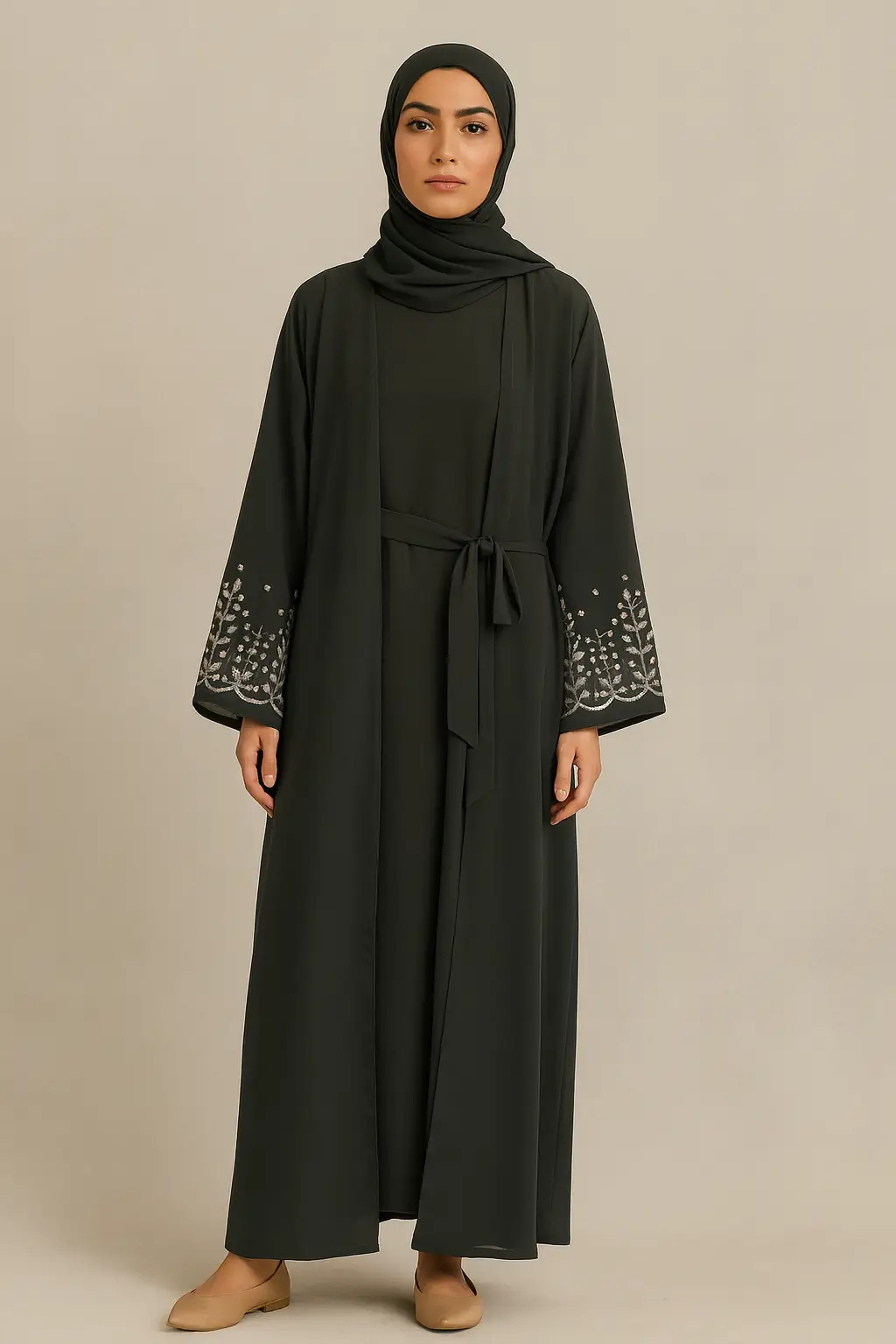 Embroidered Cuff 4-Piece Abaya Set – Deep Olive Green - Image 3
