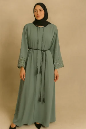 Embroidered Cuff 4-Piece Abaya Set – Sage Green