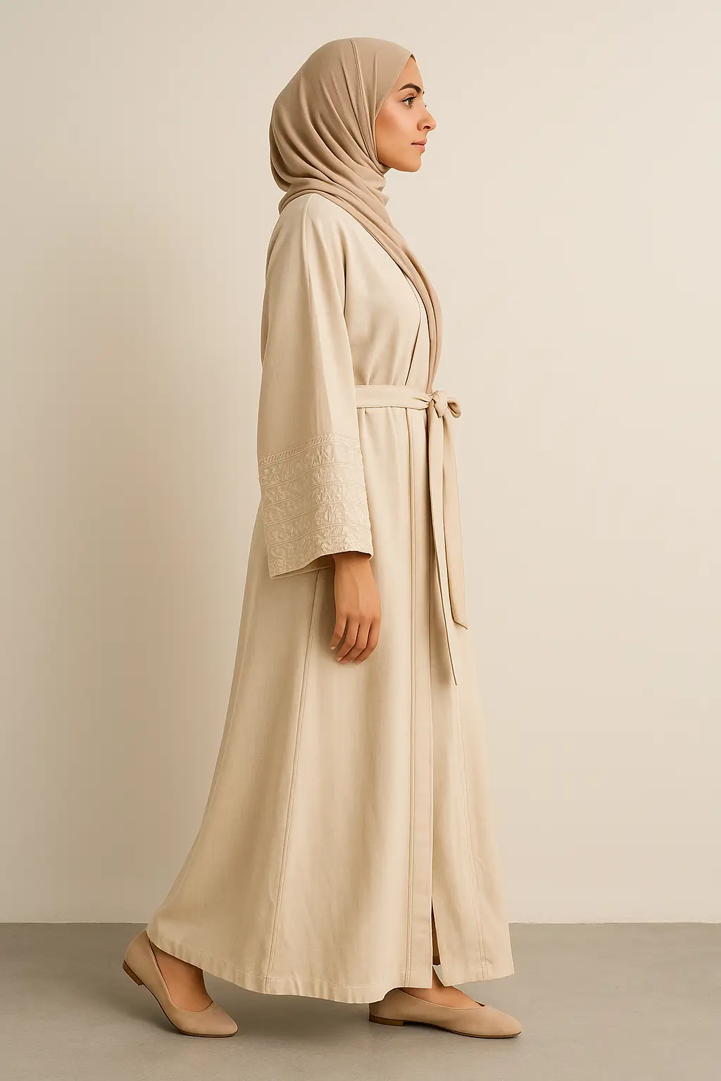 Embroidered Elegance 4-Piece Abaya Set – Soft Cream - Image 2