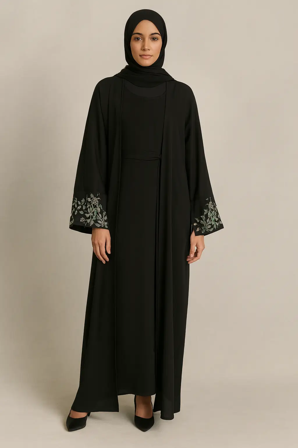 Floral Cuff 3-Piece Abaya Set – Black & White Contrast - Image 3
