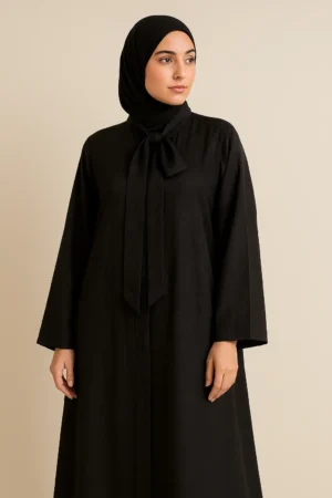 Elegant Jacquard Tie-Neck Abaya – Black