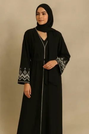 Geometric Embroidered 2-Piece Abaya Set – Deep Forest Green