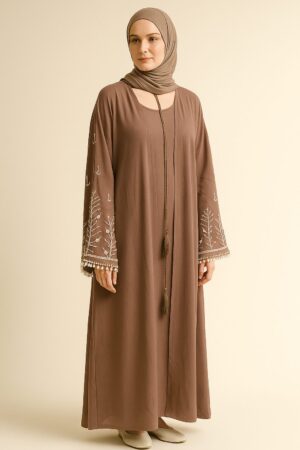 Embellished Taupe Abaya – Elegant & Timeless