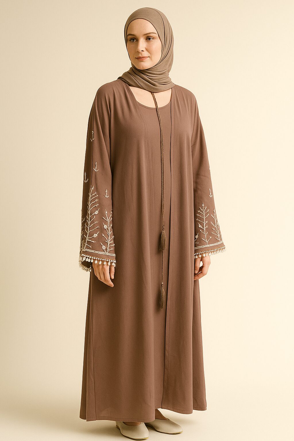 Embellished Taupe Abaya – Elegant & Timeless - Image 2