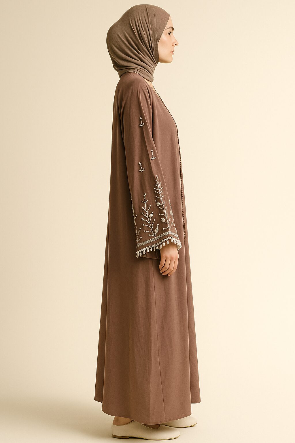 Embellished Taupe Abaya – Elegant & Timeless - Image 3